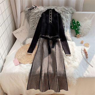 Mock-turtleneck Plaid Panel Midi A-line Knit Dress