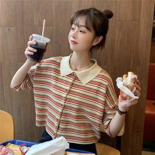 Elbow-sleeve Striped Polo Knit Top