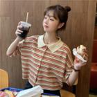Elbow-sleeve Striped Polo Knit Top