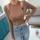Mock Two-piece Long-sleeve Cutout Fitted Top