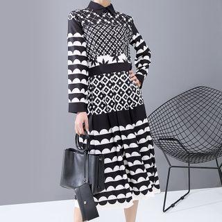 Long-sleeve Patterned Midi A-line Dress Black - One Size