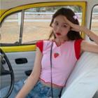 Color Block Strawberry Print Short-sleeve T-shirt Pink - One Size