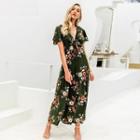 Short-sleeve V Neck Floral Print Jumpsuit