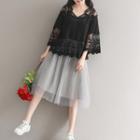 3/4-sleeve Loose-fit Lace Top White - One Size