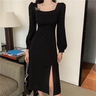Long Sleeve Square Neck Slit Midi Dress