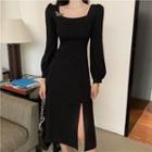 Long Sleeve Square Neck Slit Midi Dress