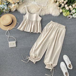 Set: Cropped Peplum Camisole Top + Drawstring-cuff Wide-leg Pants Set - Almond - One Size