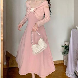 Set: Spaghetti Strap Midi A-line Dress + Crop Top