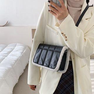 Faux Shearling Trim Flap Crossbody Bag Black - One Size