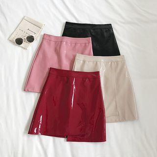 Asymmetric Patent Faux-leather Mini Skirt