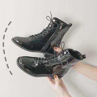 Square-toe Patent Lace-up Short Boots