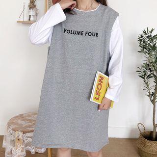 Mock Two-piece Long-sleeve Lettering T-shirt Dress
