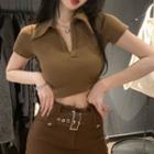 Short-sleeve Collar Cropped T-shirt Coffee - One Size