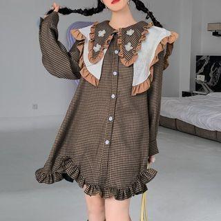 Ruffle Trim Houndstooth Mini A-line Dress