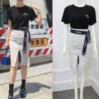 Short-sleeve T-shirt / Slit-front Pencil Skirt