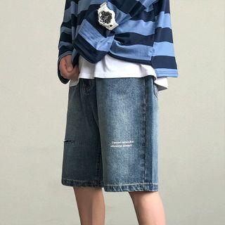 Lettering Ripped Denim Straight-cut Shorts