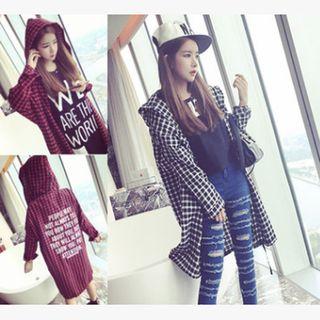 Lettering Plaid Hooded Long Jacket