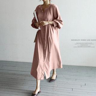 Mandarin-collar Maxi Shirtdress With Sash