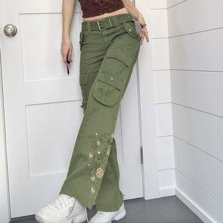 Embroidery Low-rise Belted Straight Leg Pants