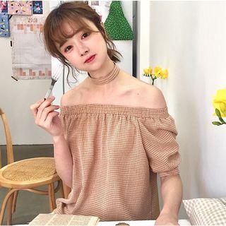 Off-shoulder Plaid Short-sleeve Blouse