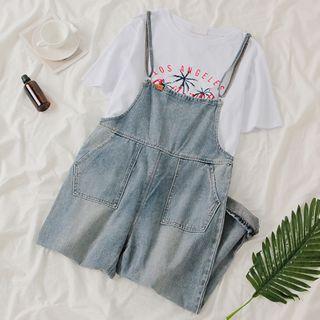 Wide-leg Denim Jumper Pants / Short-sleeve Printed T-shirt