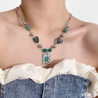 Mahjong Acrylic Pendant Stainless Steel Necklace 1 Pc - Silver & Green - One Size