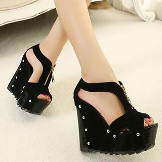 Zip-accent Studded Wedge Sandals