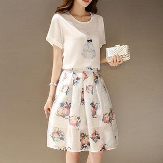 Set: Short-sleeve Top + Printed A-line Skirt
