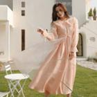 Set: Long-sleeve Midi A-line Dress + Flared-cuff Ruffled Midi A-line Dress