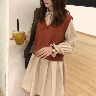 Ruffle-hem Long-sleeve Shirtdress / Knit Vest