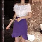 Scallop Short-sleeve Blouse / Ruffle Hem A-line Skirt