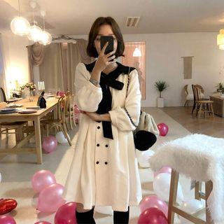 Contrast Collar Double Breast A-line Dress White - One Size