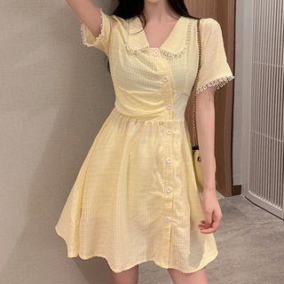 Short-sleeve Corset Trim Plaid Dress