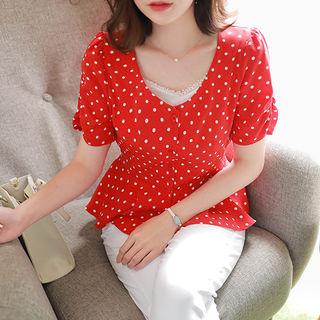 Shirred-sleeve Dotted Peplum Blouse