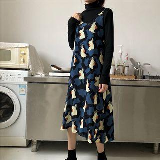 Printed Strappy Chiffon Midi Dress / Midi A-line Skirt