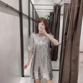 Sequined Elbow-sleeve A-line Mini Dress