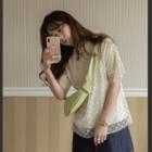 [exclusive] Short-sleeve Lace-overlay Top