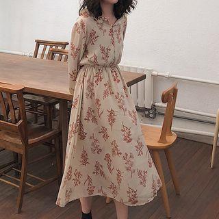 Long-sleeve Frill-trim Print Midi Dress As Shown In Figure - One Size