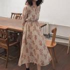 Long-sleeve Frill-trim Print Midi Dress As Shown In Figure - One Size