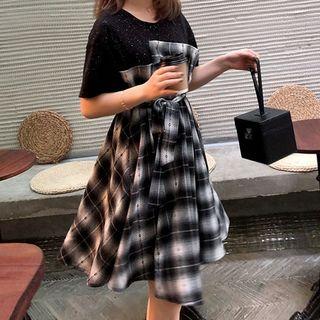 Mock Two Piece Sequined Plaid Dress