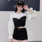 Two-tone Bell-sleeve Cropped Blouse Black & White - One Size