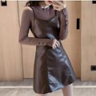 Set: Long-sleeve Top + Faux Leather A-line Pinafore Dress