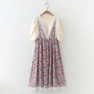 Set: Puff Sleeve Blouse + Lace Trim Floral Print Tank Dress