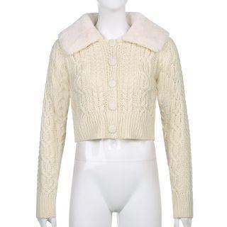 Fluffy Trim Cable Knit Cardigan