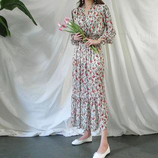 Wrap-front Ruffle-hem Floral Print Long Dress