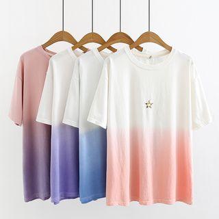 Elbow-sleeve Star Embroidered Gradient T-shirt