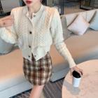 Long-sleeve Cable-knit Cardigan / Plaid Mini Skirt