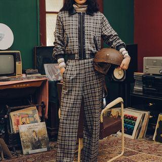 Set: Plaid Zip Jacket + Plaid Straight-cut Pants