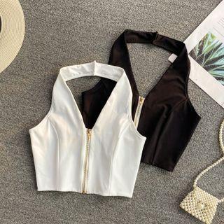 Zip Front Halter Crop Tank Top