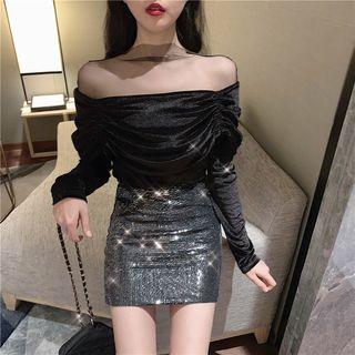 Long-sleeve Mesh Panel Velvet Top / High-waist Sequined Skirt